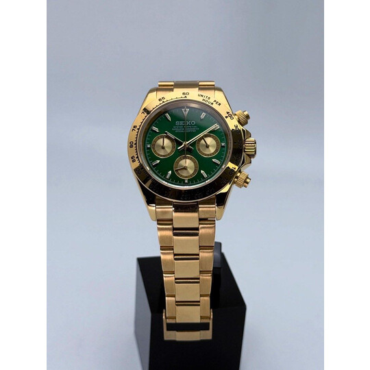 Custom Seiko Mod • Green Emerald Diamond John Mayer Daytona Quartz Chronograph • 39.5mm